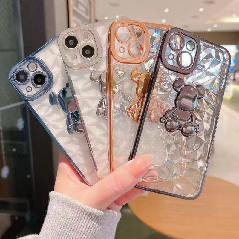 

New style Electroplated transparent Diamonds lines phone cases for iPhone 13promax 12 11 7P with bear Cover Case, Blue