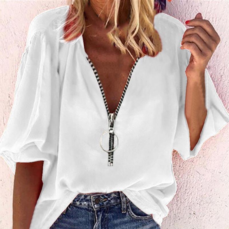 

Women's Blouses & Shirts 2022 Summer Three-quarter Sleeve Women Vintage Floral Printing Tunic Tops V Neck Zipper Blusas, Wh
