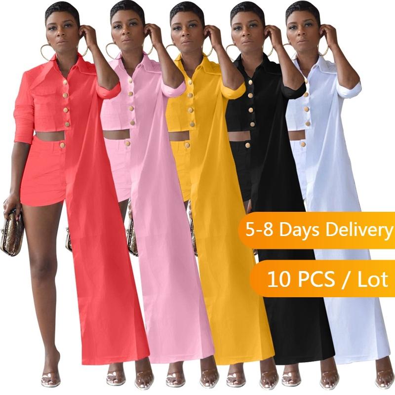 

Women' Tracksuits Wholesale Clothes Autumn Casual Two Piece Set Women Streetwear Long Sleeve Shirt Tops And Shorts Elegant Solid Short Suit, Black