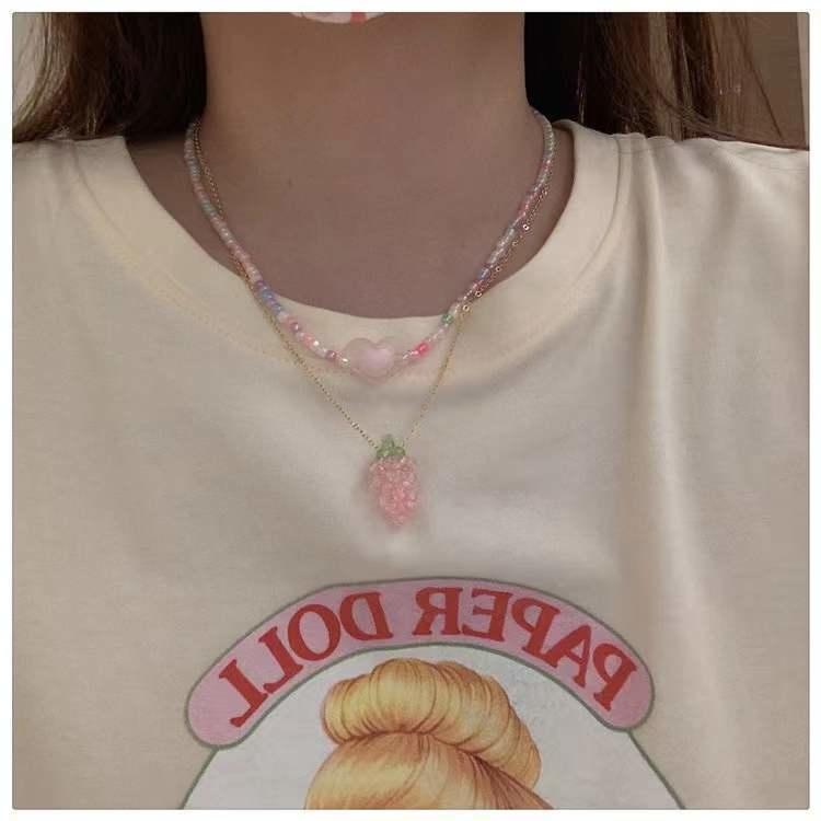 

Chokers Fashion Double Layer Heart Grape Necklace For Women Girl Beaded Vintage Simple Cute Niche Design Party Gift JewelryChokers