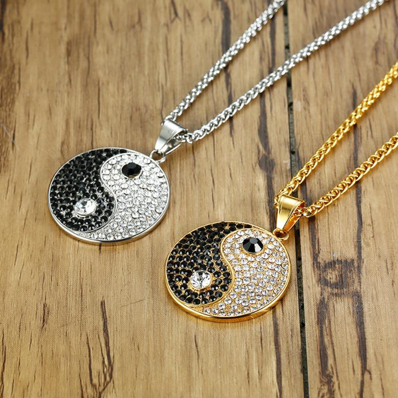 

Chains Stainless Steel Hip Hop Crystal Yin And Yang Pendant Necklace CZ Stone Taichi Yinyang Necklaces Jewellery Gift Women MenChains