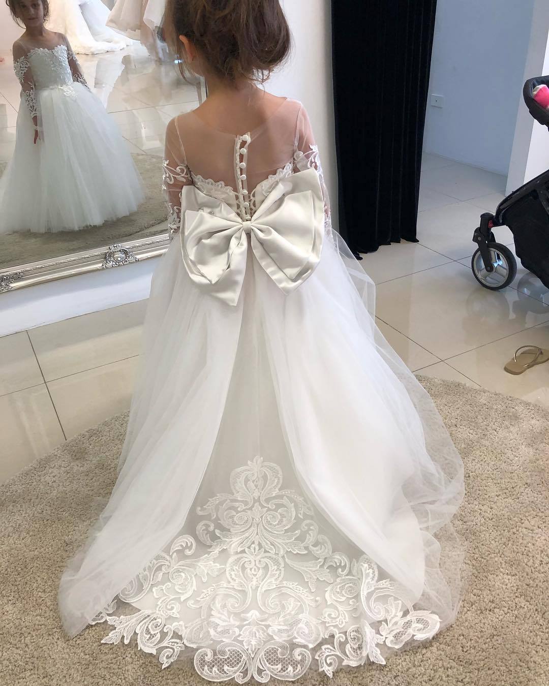 2-14 ans dentelle Tulle fleur fille robe arcs enfants première Communion robe princesse robe de bal robes de soirée de mariage