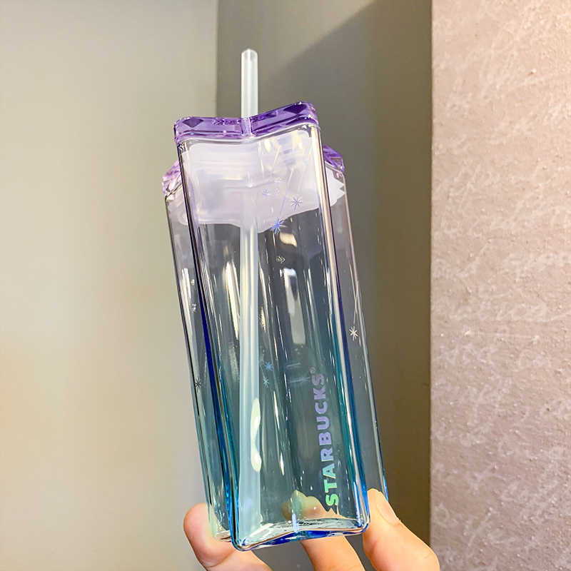 

Starbucks cup five pointed shape gradient sky straw cup blue purple dream adult covered glass water cup, Yellow