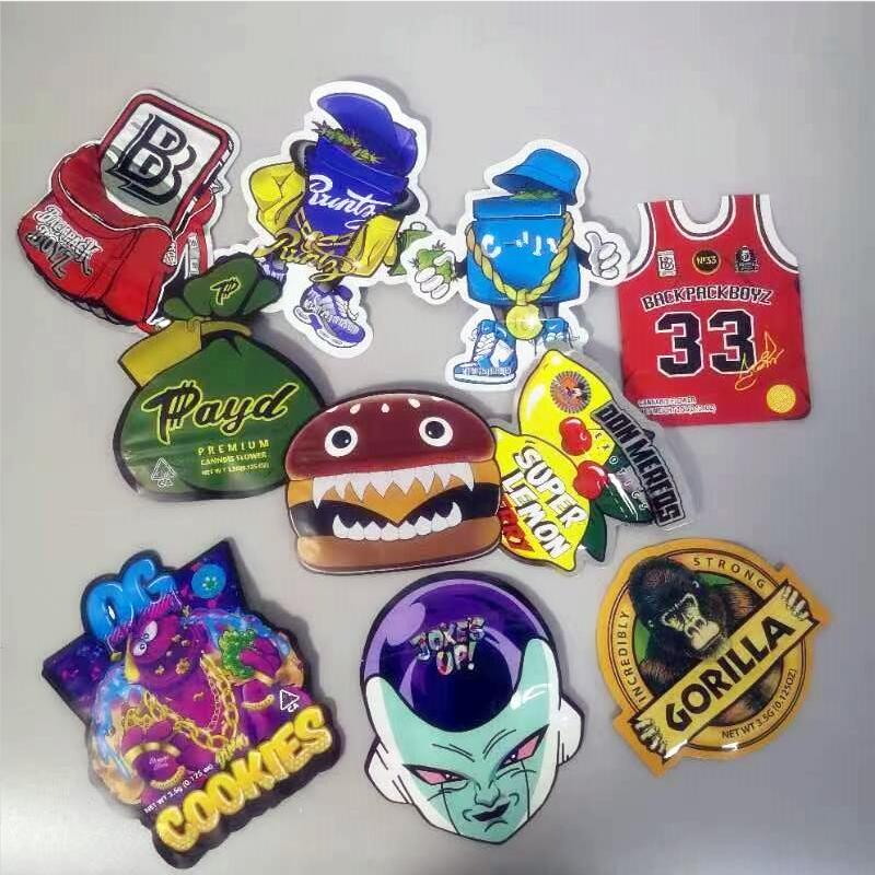 

Empty irregular shaped mylar bags resealable zipper custom printed backpack boyz 33 ONE UP white runtz Super Lemon payd Alien Jokes Up