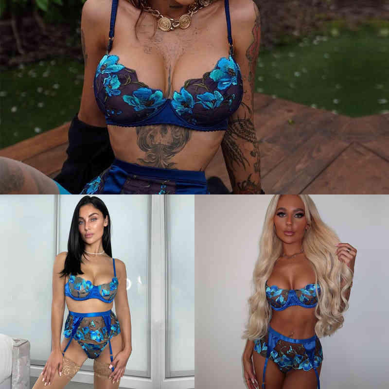 

Nxy Sexy Lingerie Yimunancy 3-piece Lace Bra Set Women Embroidery Panty Underwear Ladies Blue Patchwork, Purple