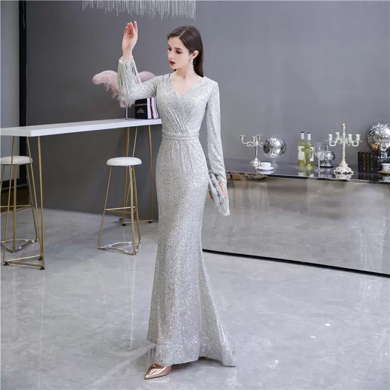 

2022 Sequins Mermaid Prom dress Burgundy Silver V Neck Evening Gowns for WomenFloor-Length Elegant Party Wear Custom Made Long Sleeve