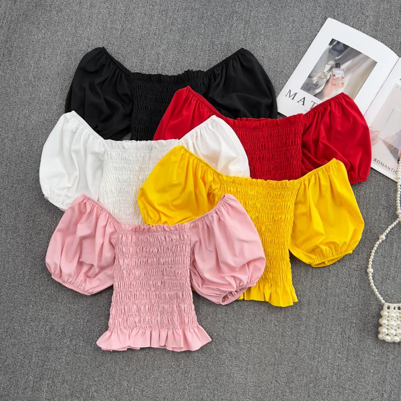 

Women's Blouses & Shirts Vintage Ruffle Blouse Puff Short Sleeve Women Chic Solid Slim Crop Top Korean Fashion Shirt Summer Female Clothing, White