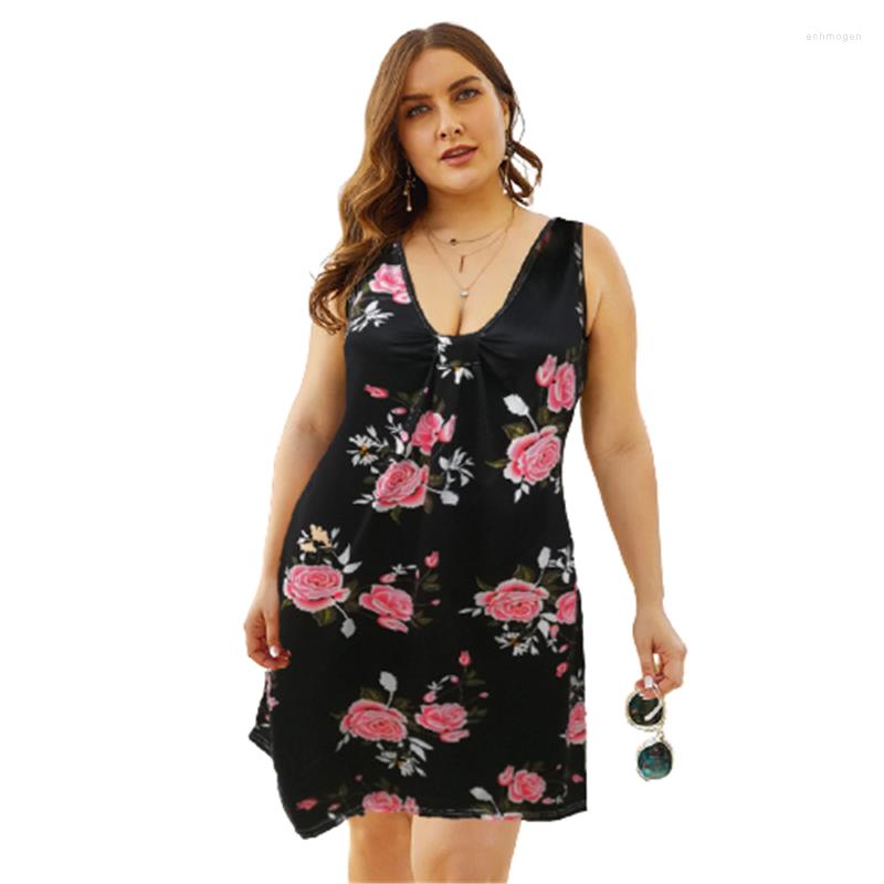 

Plus Size Dresses 4XL 5XL Curve Women Dress Summer Sexy Sleeveless V-neck Loose A-line Beach Party Floral Print Casual Mini Echm22, Myh001 white hua
