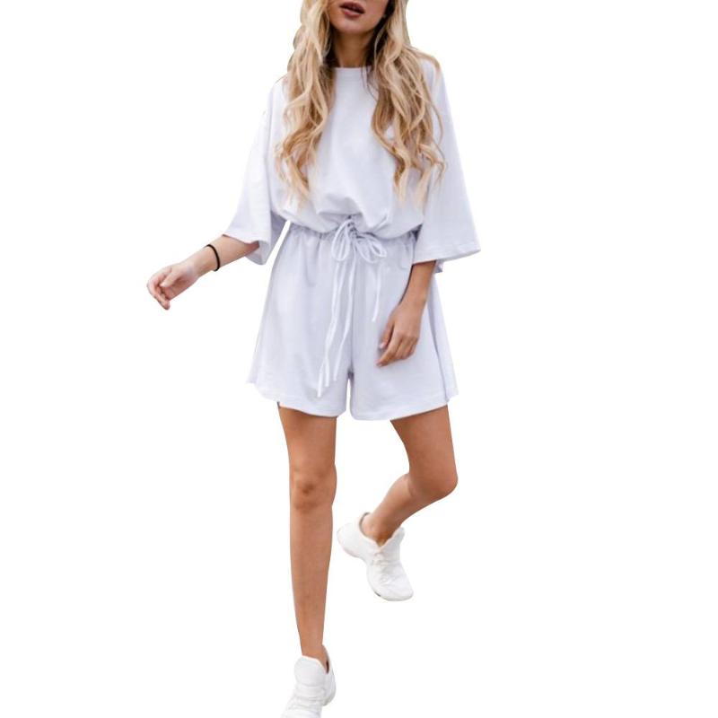 

Women's Tracksuits Two Piece Women Solid Color Suit Set Three Quarter Round Neck Loose Ladies Tops Drawstring Shorts Tracksuit Female Street, Yellow