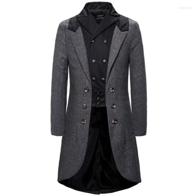 

Men' Wool & Blends Mid-length Woolen Coat European American Style Fashion Casual Fake Two-piece Color Matching Windbreaker Casaco Masculino, Gray