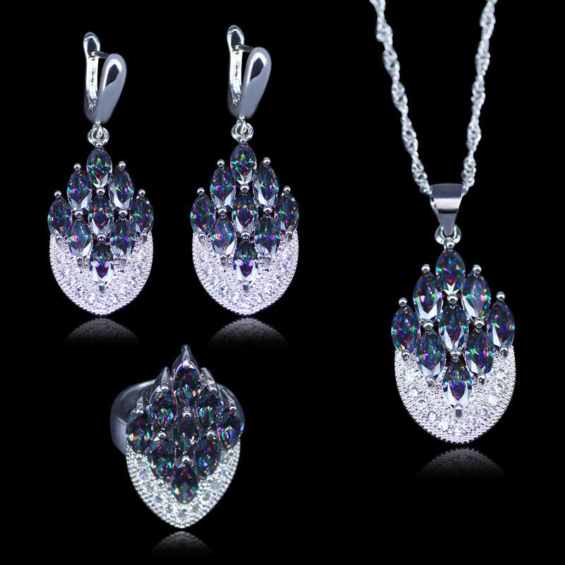 

Earrings & Necklace Christmas Gift For Women Silver Color 3PCS Jewelry Rainbow Mystic Crystal Stone Rings SetEarrings, As pic