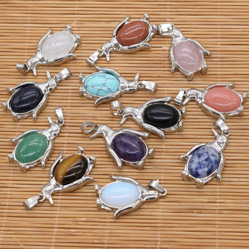 

Pendant Necklaces Wholesale10PCS Natural Stone Rose Quartz Opal Metal Alloy Penguin Shape Necklace Earrings Jewelry Making Decoration GiftPe