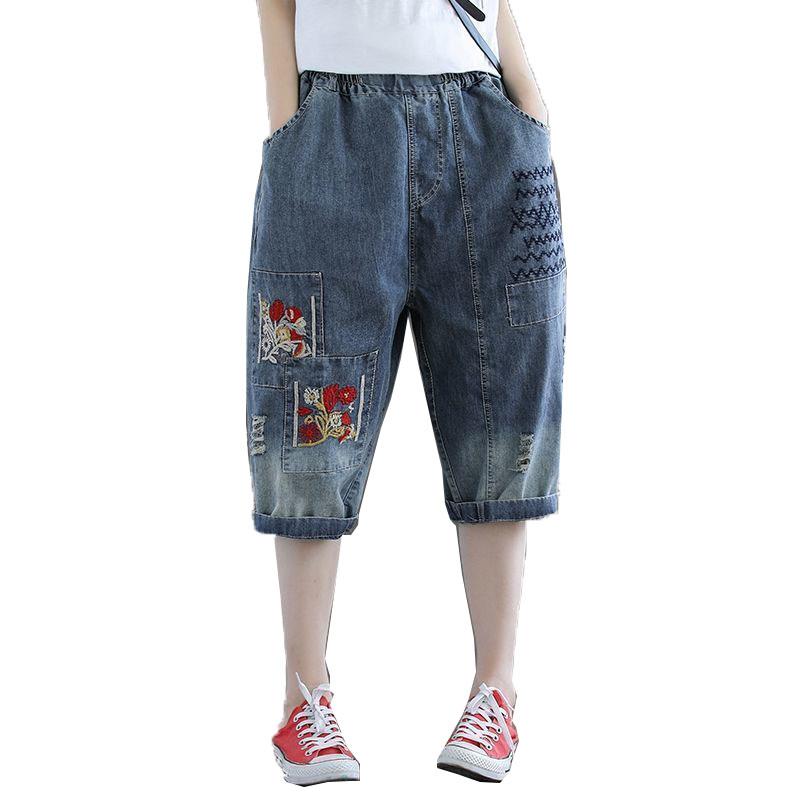 

Women's Jeans Large Size Women 2022 Female Summer Calf-Length Pants Embroidered Ripped Wide-leg Denim Cowboy Ladies C912, Photo color