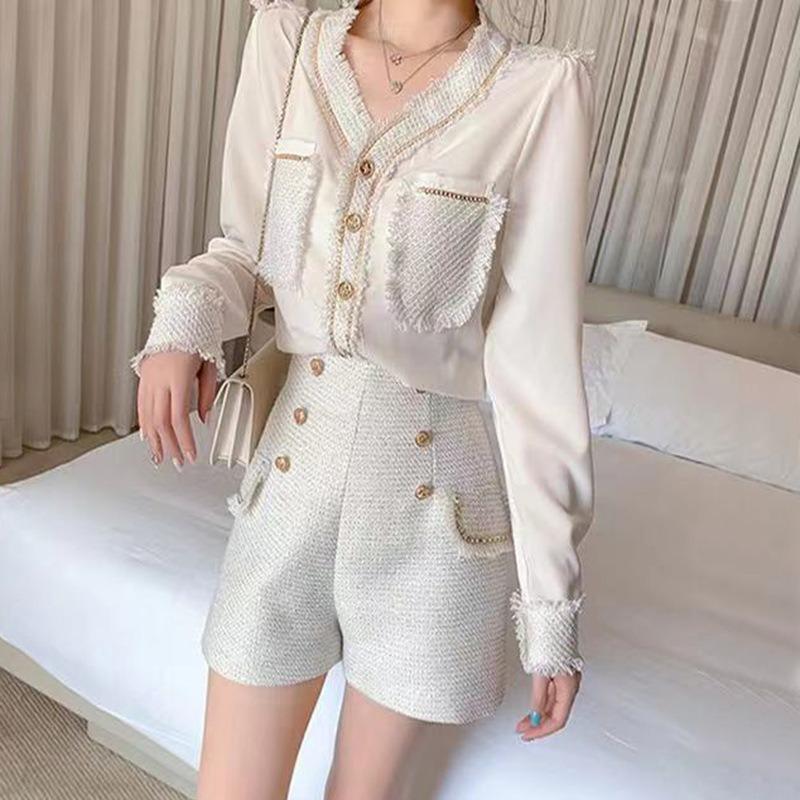

Women' Tracksuits Chic Autumn Winter Tweed Shorts Two Piece Set Women Tassel V Neck Pocket Patchwork Chiffon Shirt High Waist Button SuitWo, Black