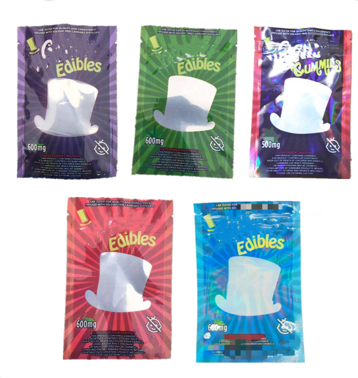

empty gummies edibles package mylar bag 5 styles 600mg blue purple red green resealable zipper custom print snack cereal 3.5 flower shape pack