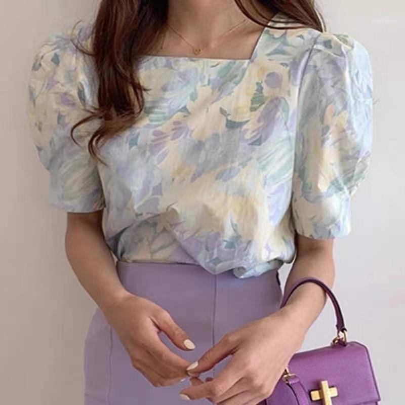 

Women' Blouses & Shirts QOERLIN Chic Puff Sleeve Blouse Girls Sweet Short Summer Female Print Square Collar Elegant Prom Pink Tops, Blue