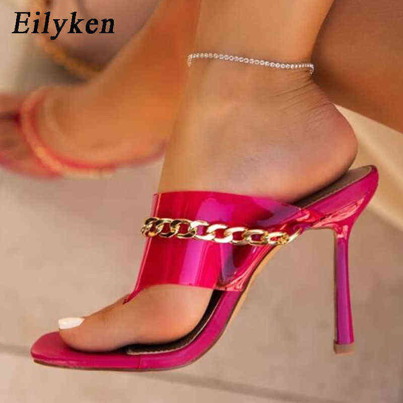 

Slippers Fashion Metal Chain Designer Shoes Women Stiletto High Heels Mei Red Pvc Transparent Jelly Sandals Flip Flops 220329, Black