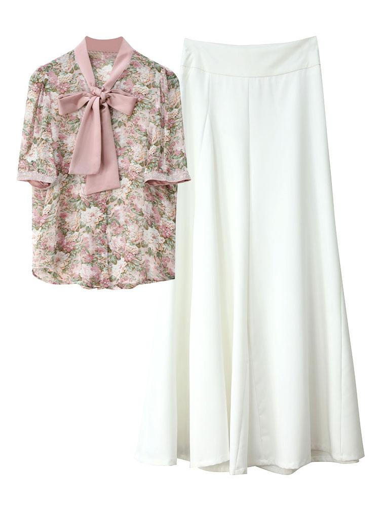 

Women' Two Piece Pants Korean Fashion Clothing Suits 2022 Summer Women Bow Collar Floral Print Shirts Wide Leg Long White Pant Sets Female, As pic