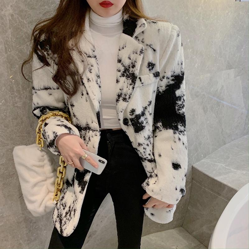 

Women' Suits & Blazers Women Casual Long Sleeve Single Breasted Black White Panelled Print Loose Blazer CoatWomen, As picture photo