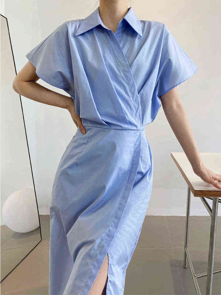 

Summer New Women's Shirt Collar Dress French Temperament Casual Gentle Short-sleeved Solid Color Simple Waist Skirt Y220401, Blue