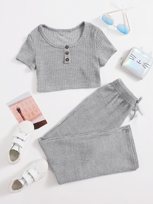 

Girls Button Front Rib-knit Top & Leggings Set SHE, Light grey