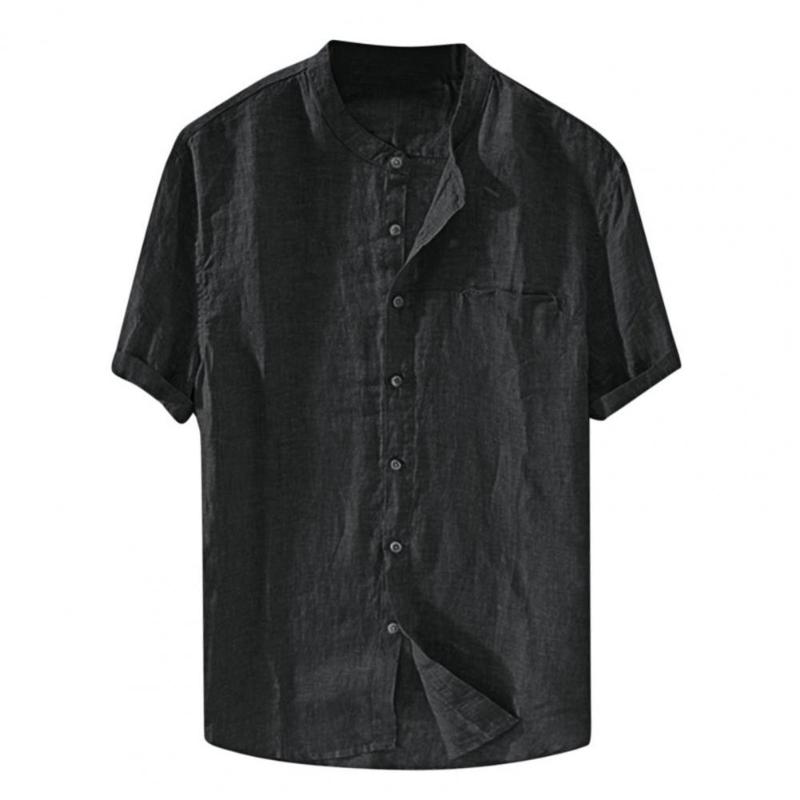 

Men's Casual Shirts Men Shirt Blouse Solid Color Stand Collar Summer Loose Single-breasted Top For School Spring TeeMen's, Apricot