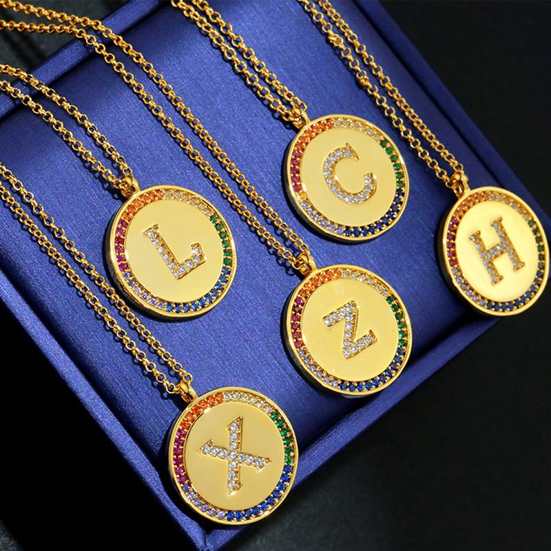 

Pendant Necklaces Gold Plated Adjustable Size Sterling Silver Chain Rainbow Style Fancy Zircon 26 Letter Tag Round Necklace For WomenPendant