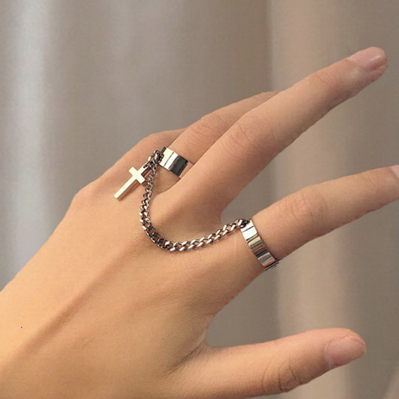 

Popular Cross Chain Opening Adjustable Punk Hip Hop Combination Ring Korean Fashion Temperament Men and Women Trend