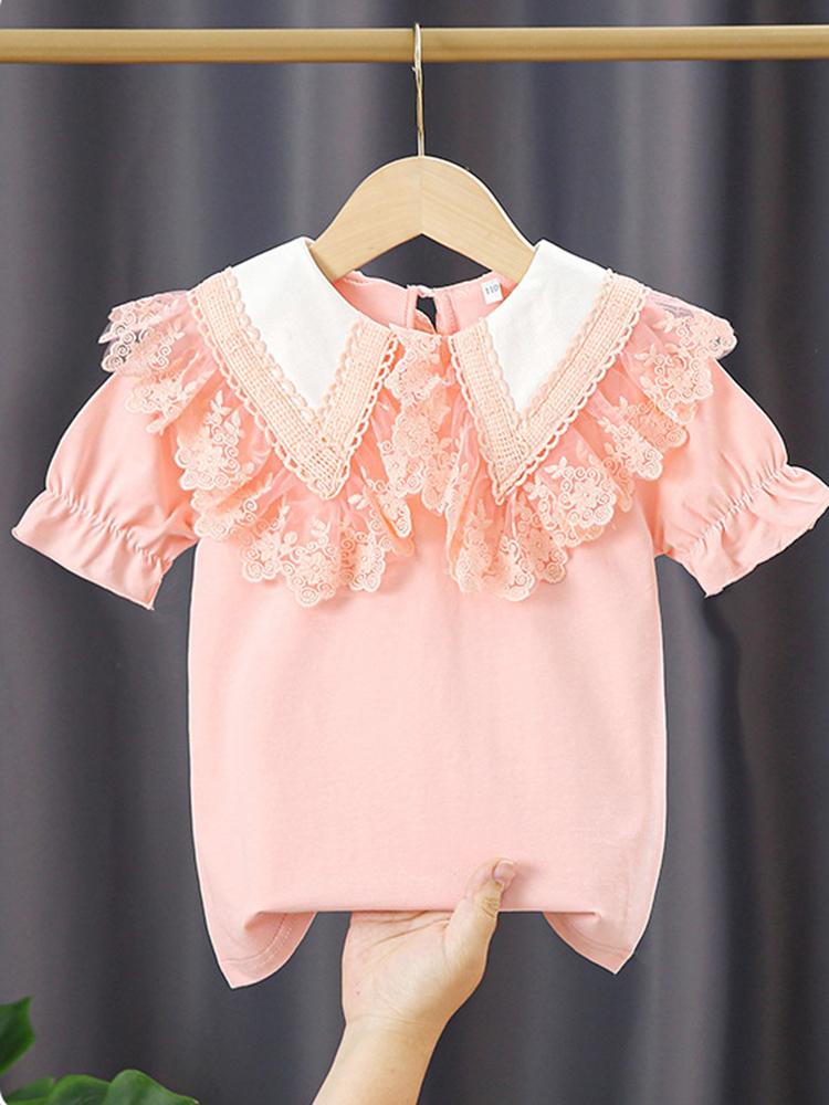 

T-shirts Arrival Kids Girls Summer T-Shirt Short Sleeve With Lace Casual Children Toddler Tops Clothes Solid ColorT-shirts, Pink