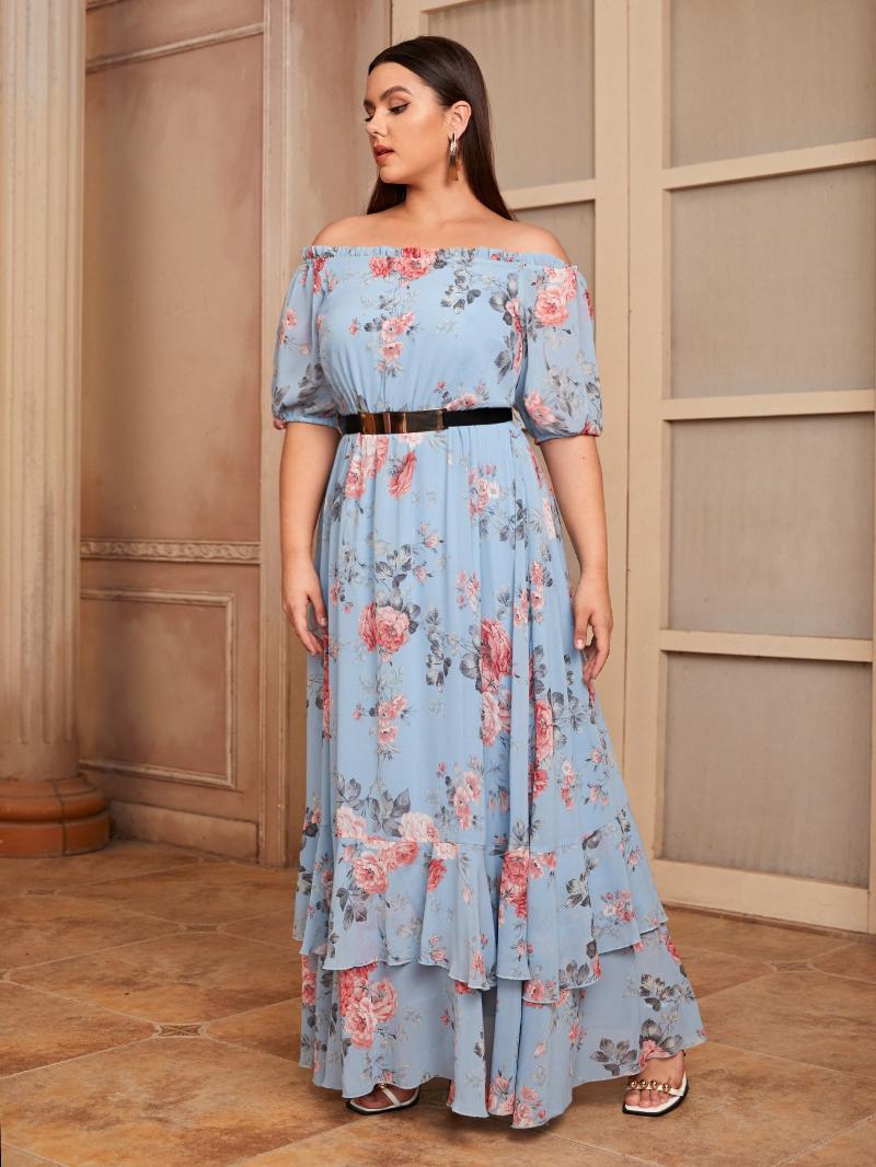 

Plus Size Dresses Summer Women Elegant Oversized Maxi 2022 Large Off Shoulder Floral Long Evening Party Festival ClothingPlus, Blue
