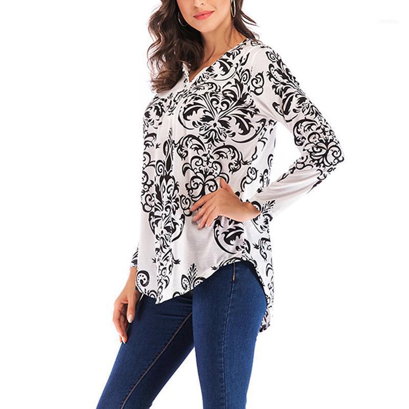 

Women Tops Blouses 2022 Autumn Elegant Long Sleeve Print V-Neck Chiffon Buttons Casual Shirts Blouse Plus Size PDG639, Blue
