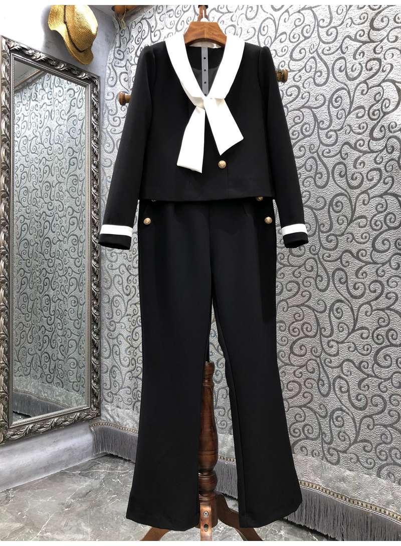 

Women' Two Piece Pants Top Quality Designer Clothing Sets 2022 Autumn Winter Pant Suits Women Bow Collar Coat Jacket Full Length Female, As pic