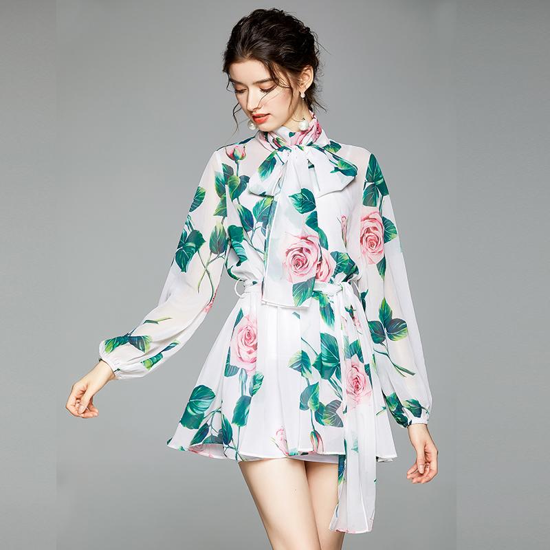 

Casual Dresses Summer Runway Rose Floral Mini Women Charming Flower Print Chiffon Holiday Bow Tie Collar Long Sleeve, Picture color