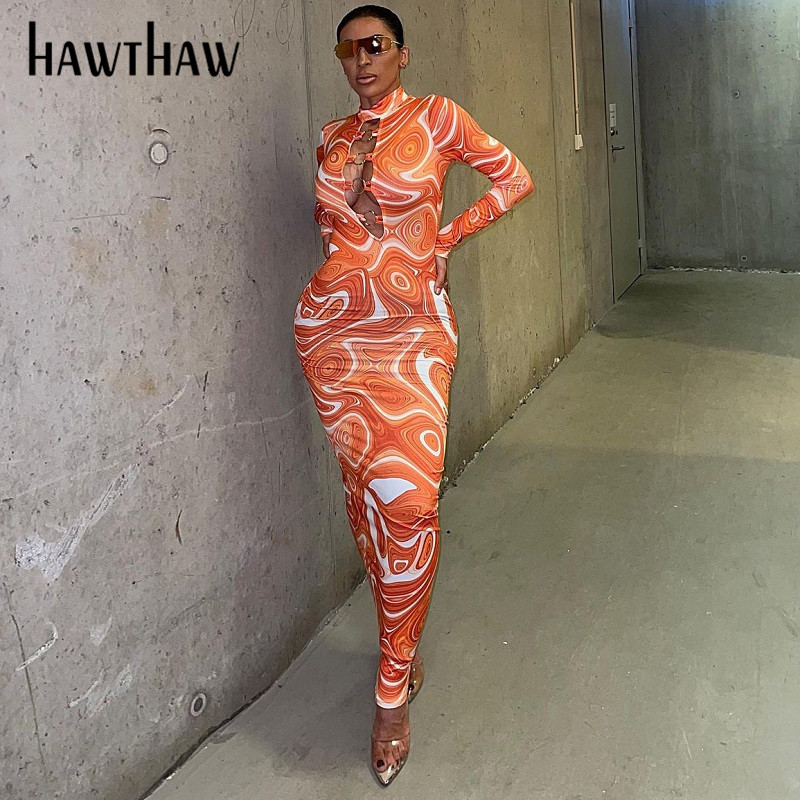 

Hawthaw Women Autumn Long Sleeve Sexy Printed Bodycon Ankle Length Long Pencil Dress 2021 Fall Wholesale Lots Bulk Clothes, Auburn