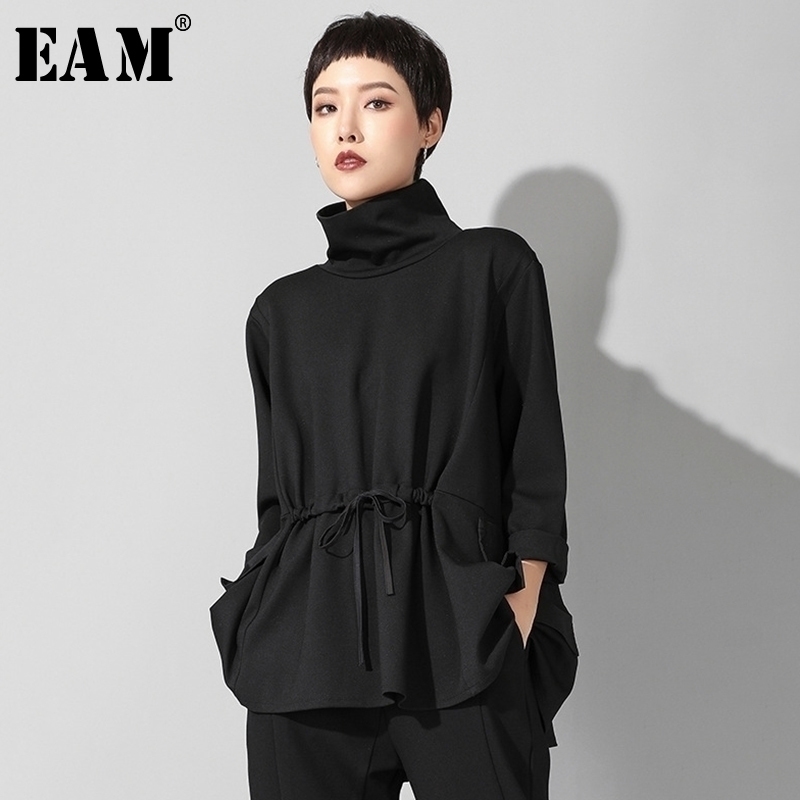 

EAM Autumn Winter High Collar Long Sleeve Black Loose Pocket Drawstring Big Size Tshirt Women Fashion JQ017 Y200109