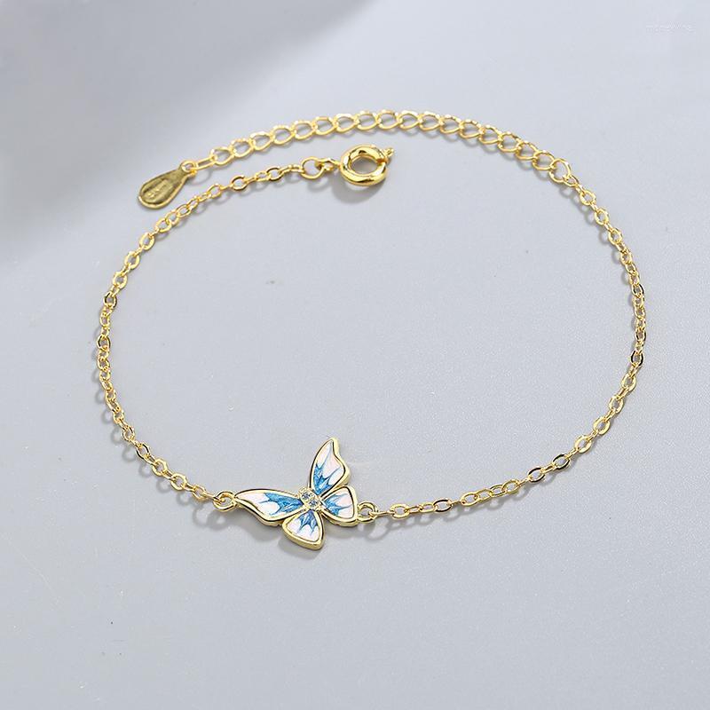 

Link Chain Exquisite Blue Butterfly Pendant Gold Color Female Bangles Tiny Zirconia Crystal Stone Charm Bracelets For Women Rodn22