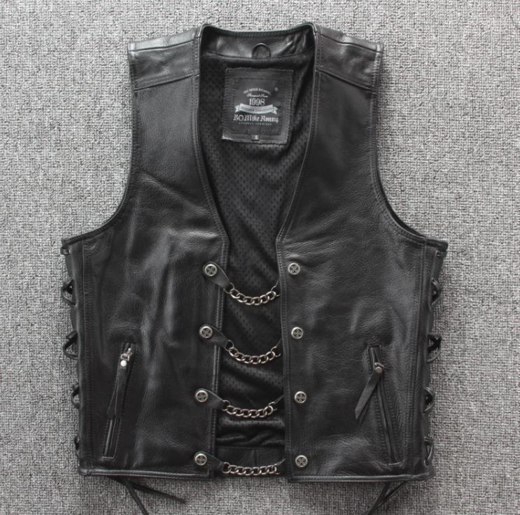 

Men' Vests BONJEAN Mens Genuine Leather Rock Metal Chain Biker Vest Motorcycle Sleeveless Real Jackets Adjustable Lacing Kare22, As pic