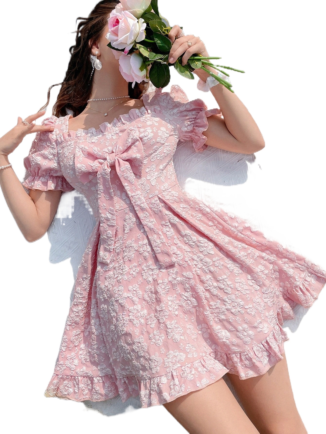 

square Neck Bow Front Floral Jacquard Dress i7WM#, Baby pink