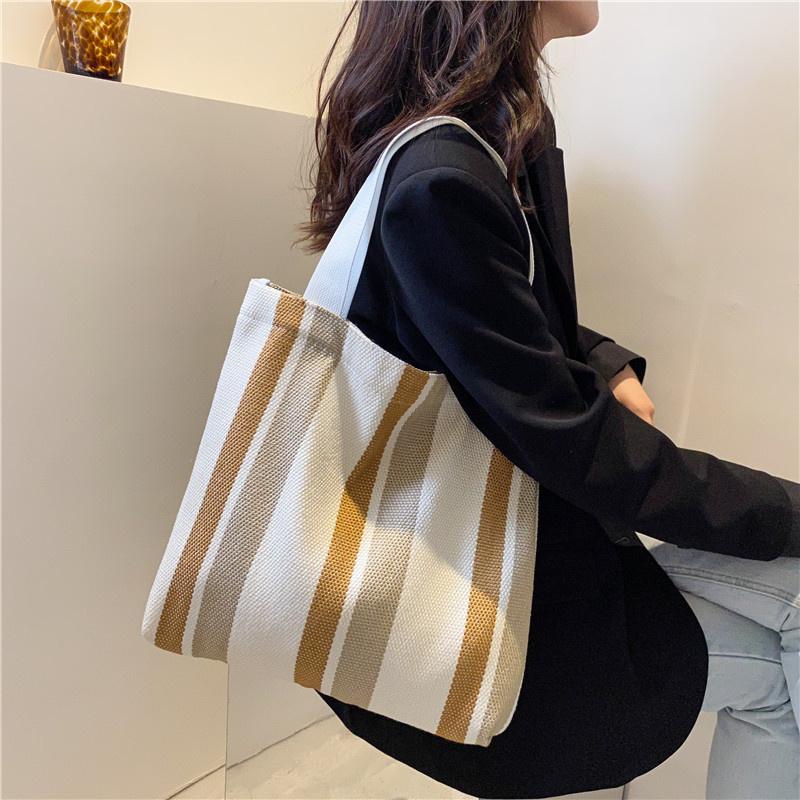 

Evening Bags Simple Retro Handbag Small Fresh Striped Canvas For Woman 2022 Casual Literature And Art Large-capacity Female Shoulder BagEven, Black