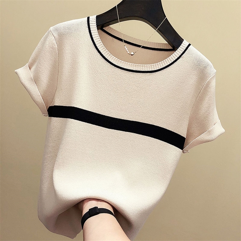 

shintimes Thin Knitted T Shirt Women Clothes Summer Woman Short Sleeve Tees Tops Striped Casual T-Shirt Female Tshirt Femme 220321, White t shirt