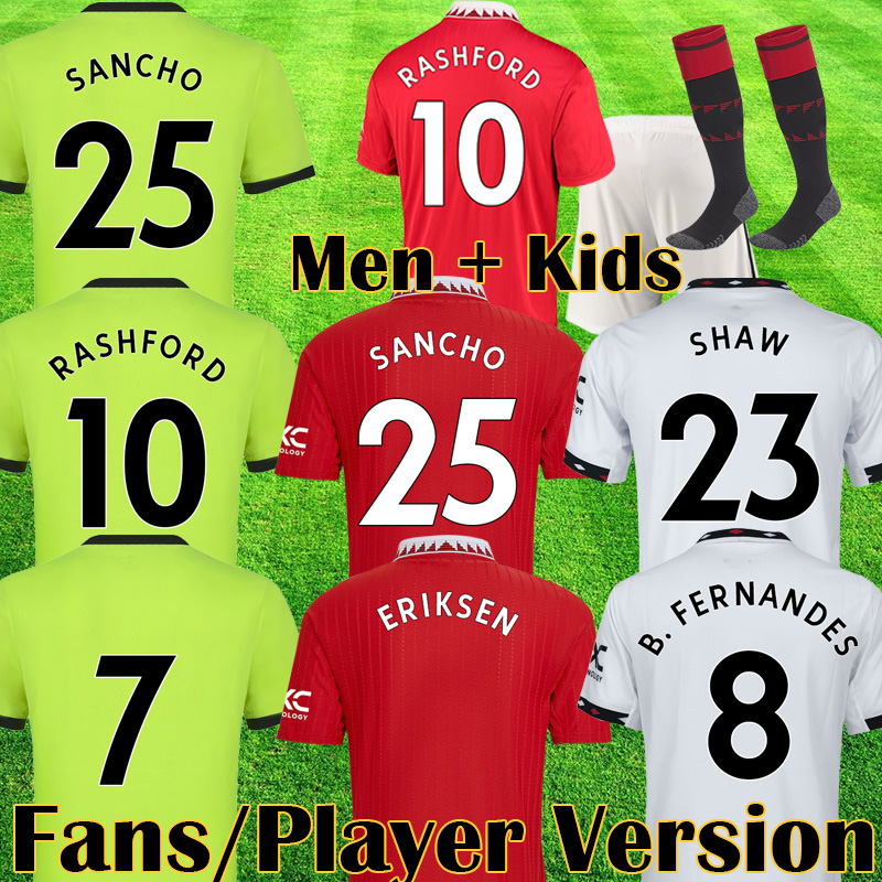 

2022 2023 SANCHO Player Version Soccer Jerseys ERIKSEN VARANE BRUNO FERNANDES MANS UTDS RASHFORD Jersey Kids sets Man kit Football Shirt TELLES 22 23 MANs equipment, Kids home