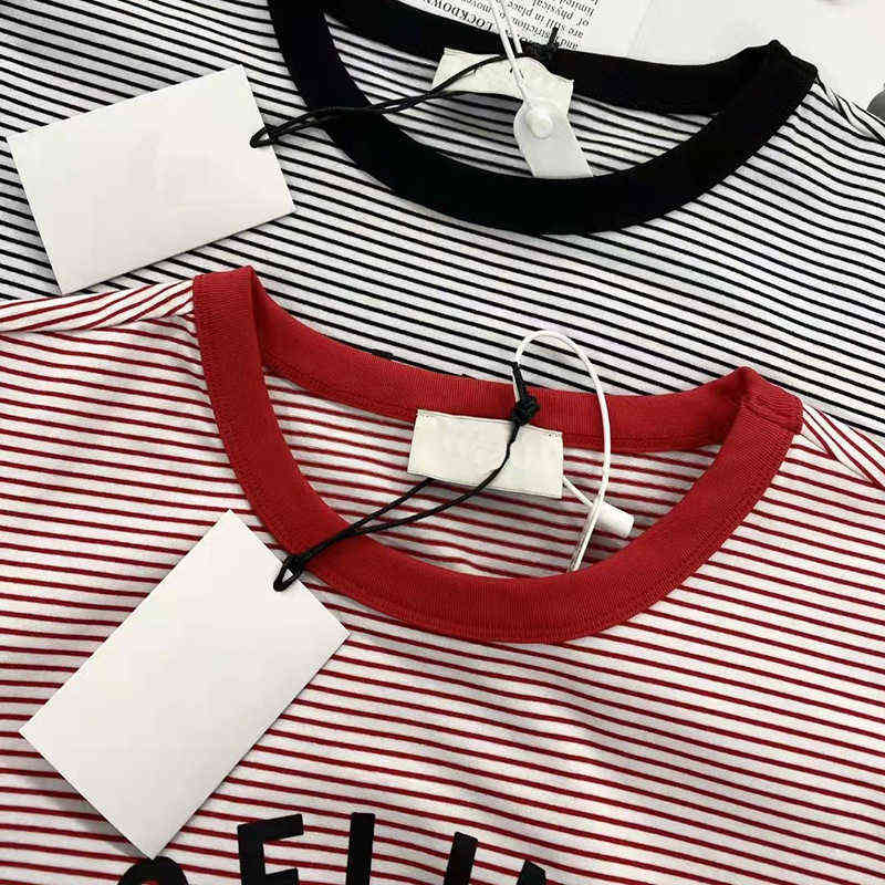 

2022 spring and summer new stripe letter print round neck, Red and white stripes