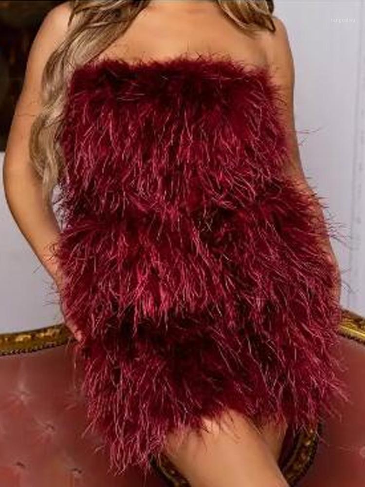 

Casual Dresses Elegant Sleeveless Off Shoulder Mini Lady Sexy Backless Short Bodycon Women Fashion Feather Fluffy Party DressCasual, 01 black
