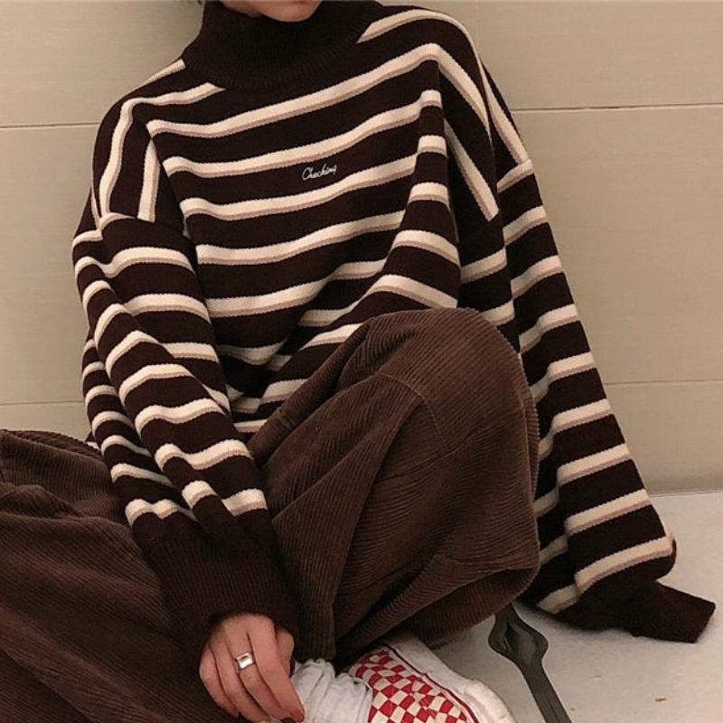

Women' Sweaters Turtleneck Sweater Ladies Style Striped Autumn And Winter Ulzzang Fashion Women' Students Harajuku Soft Chic PulloverW, Blue