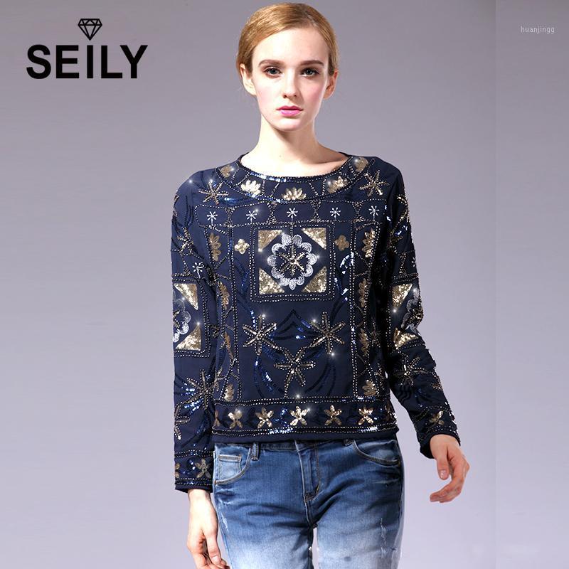 

Women's Blouses & Shirts Seily 2022 Spring Elegant Transparent Back Party Tunic Tops Sequin Beading Floral Long Sleeve Chiffon Blouse Camisa, Ivory