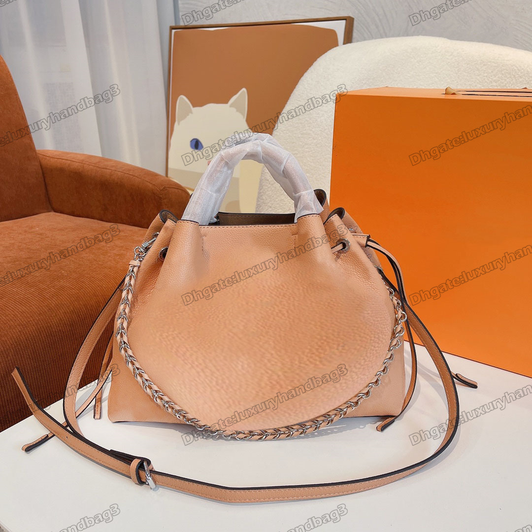 

2022 SS BELLA Tote Mahina Drawstring Bag Perforated Calf Leather Handbag Women Luxury Designer Organized Handle Bucket Bag Generous size Jewel-like Chain