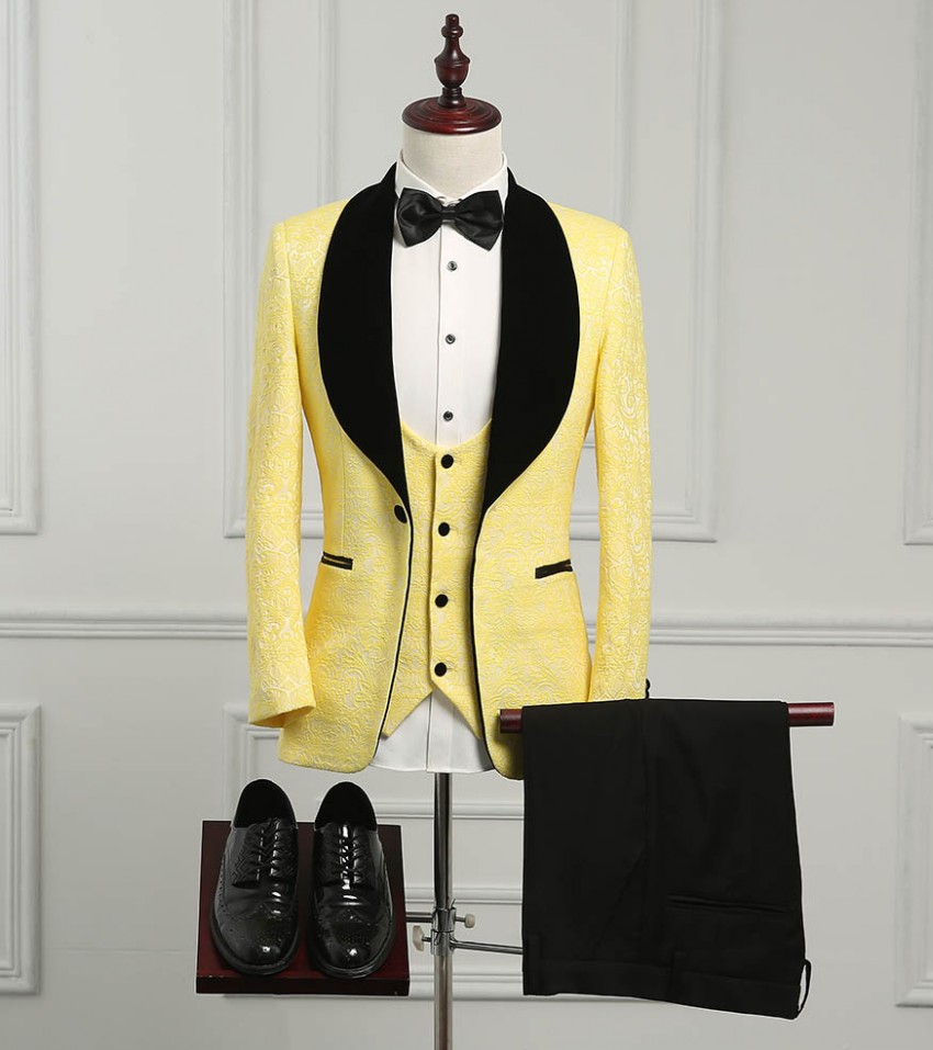 

Brand New Yellow Embossed Jacquard Groom Tuxedos Shawl Lapel Groomsmen Mens Wedding Dress Excellent Man Jacket Blazer 3 Piece Suit Jacket Pants Vest Tie 2607, Same as image