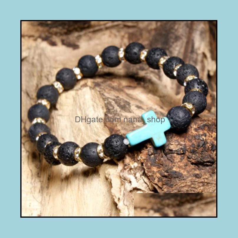 

Beaded Strands Bracelets Jewelry Fashion 8Mm Lava Stone Turquoise Beads Cross Bracelet Diy Aromatherapy Essential Oil Diffuser For Women Me