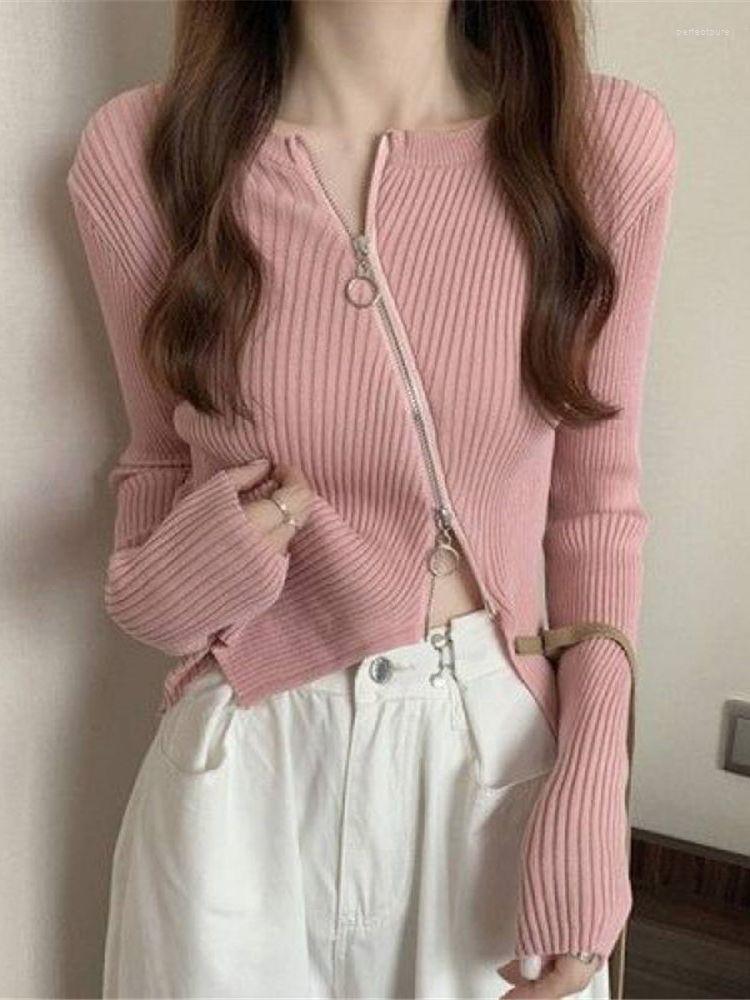 

Women's Knits & Tees Korean Fashion Irregular Cardigan Women Streetwear Girls Cropped Sweater Zipper Design Slim Long Sleeve Candy Colors Sc, Black