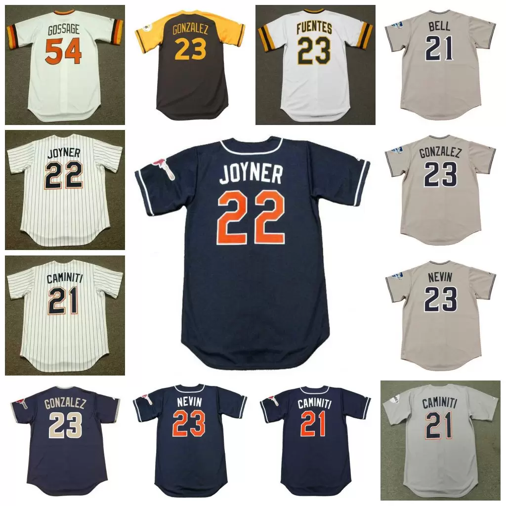 

San Diego Vintage Baseball Jersey 21 HEATH BELL 2010 KEN CAMINITI 1996 22 WALLY JOYNER 1997 23 ADRIAN GONZALEZ 1978 PHIL NEVIN 1999 TITO FUENTES 1975, 21 ken caminiti 1996 white